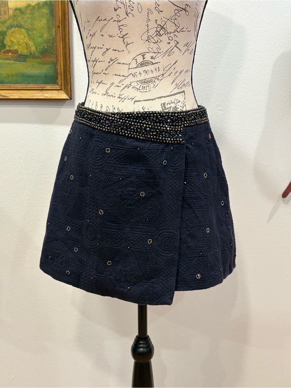 Zara Beaded Mini Skirt Navy Embroidered A Line Textured Small